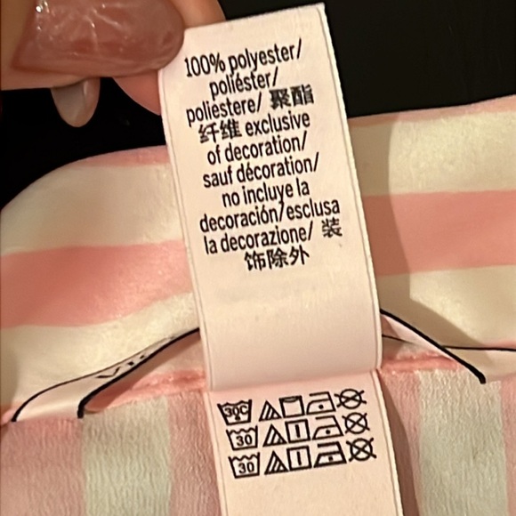 VICTORIA'S SECRET Glazed Satin Long Pajama Set, pink and white, black trim, sz M - Picture 11 of 13